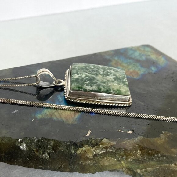 Sterling Silver 925 Bezel Set Tree Agate Rectangular Pendant Necklace 18.5" - Picture 3 of 16